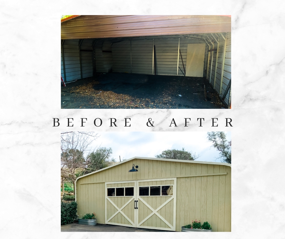 A before and after photo showing an empty carport on top and a completed carport to barn photo on the bottom.