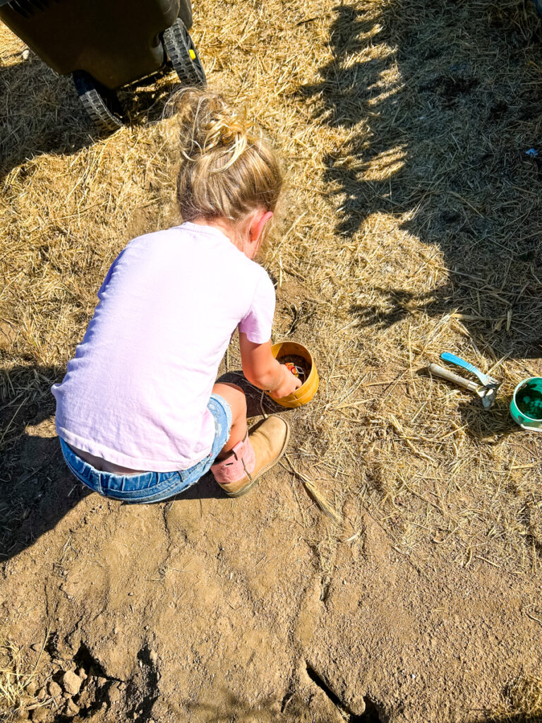 The back of a young girl playing in the dirt of the garden with bowls and and rakes